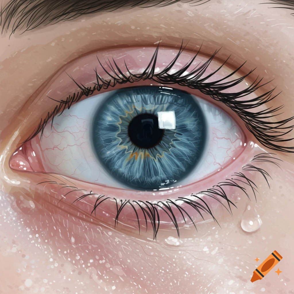Close-up illustration of a blue human eye with a tear drop