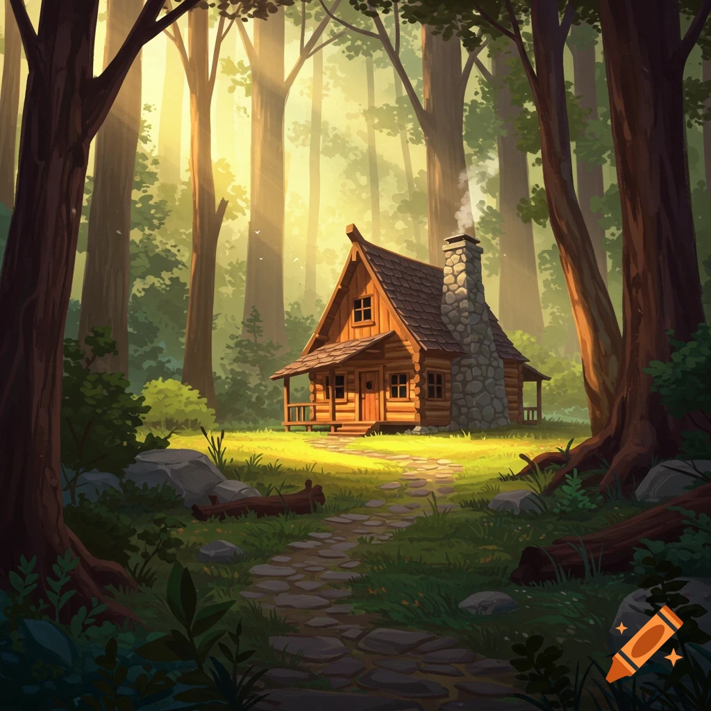 A cozy wooden cabin with a stone chimney sits in a sunlit forest clearing, with a stone path leading to it.