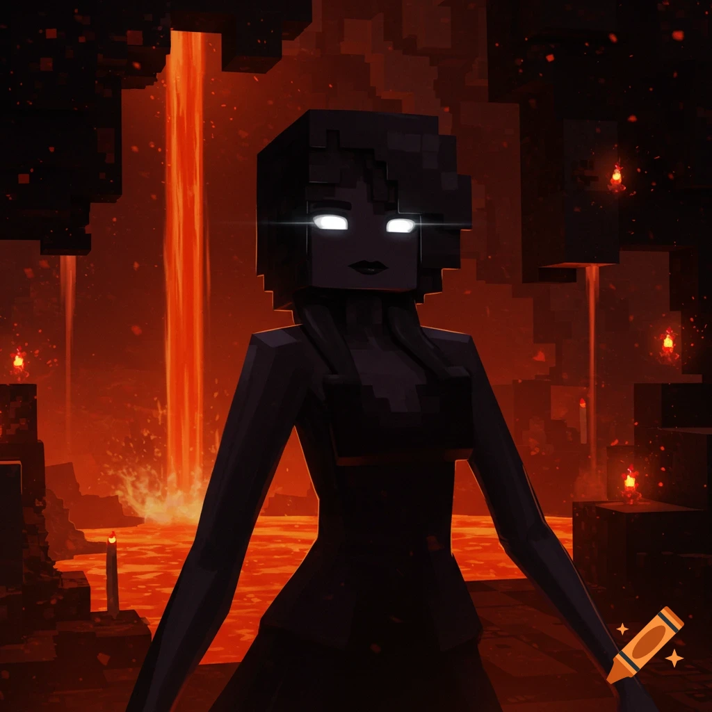 A blocky character resembling a female Enderman with glowing eyes stands in a lava-filled Nether environment.