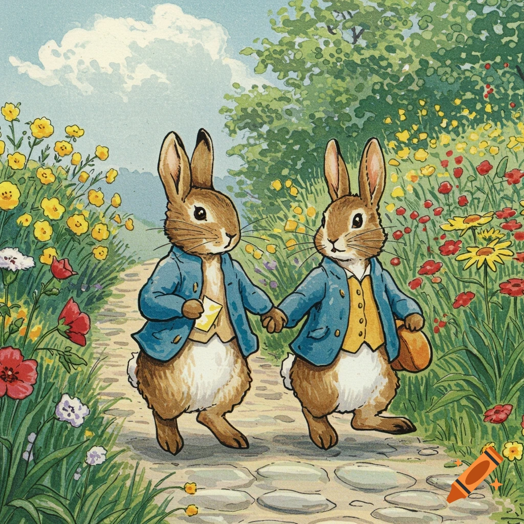 Two rabbits in blue jackets walk hand-in-hand on a stone path through a flowery garden, in an illustration style.