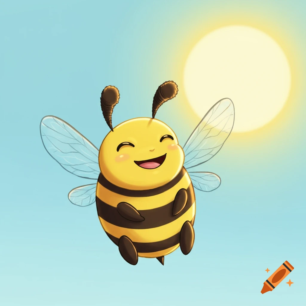 A cute cartoon bee with squinting eyes flies in a sunny blue sky.