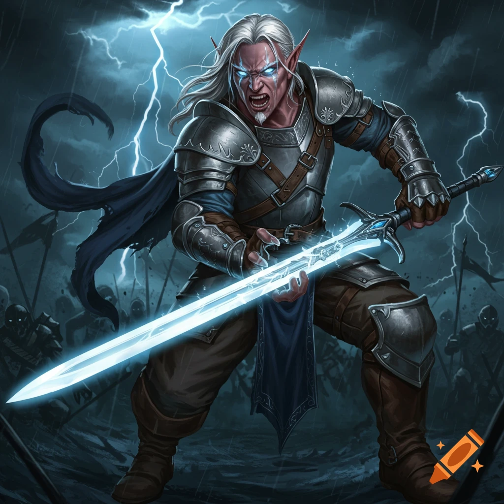 Illustrated fantasy art of an angry elf in armor wielding a glowing sword during a lightning storm battle.