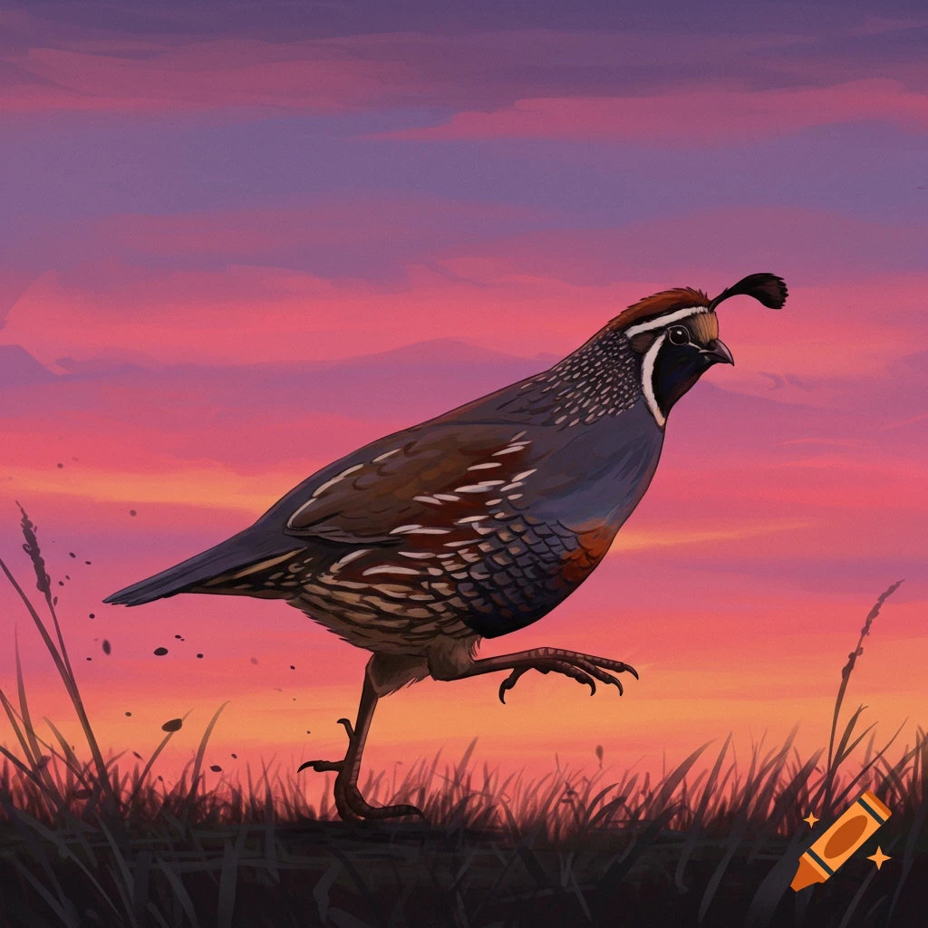 Illustration of a quail running through tall grass at sunset