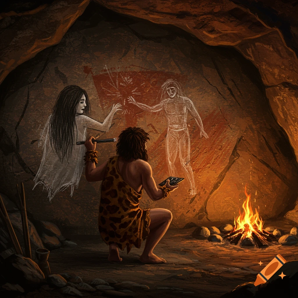 Cave man drawing figures on a cave wall by firelight, illustration style