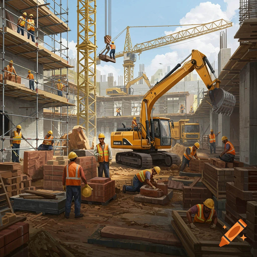 A busy construction site with multiple workers operating and moving materials around excavators and cranes, in a detailed illustration style.
