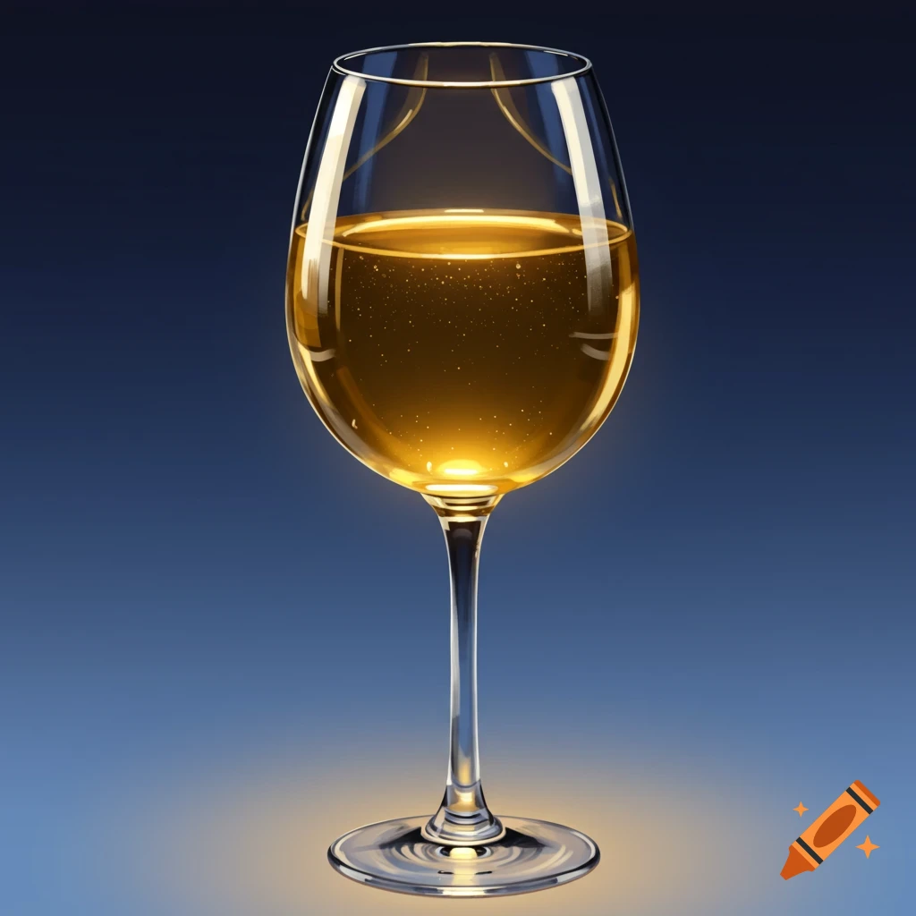 A wine glass filled with golden liquid against a blue background.