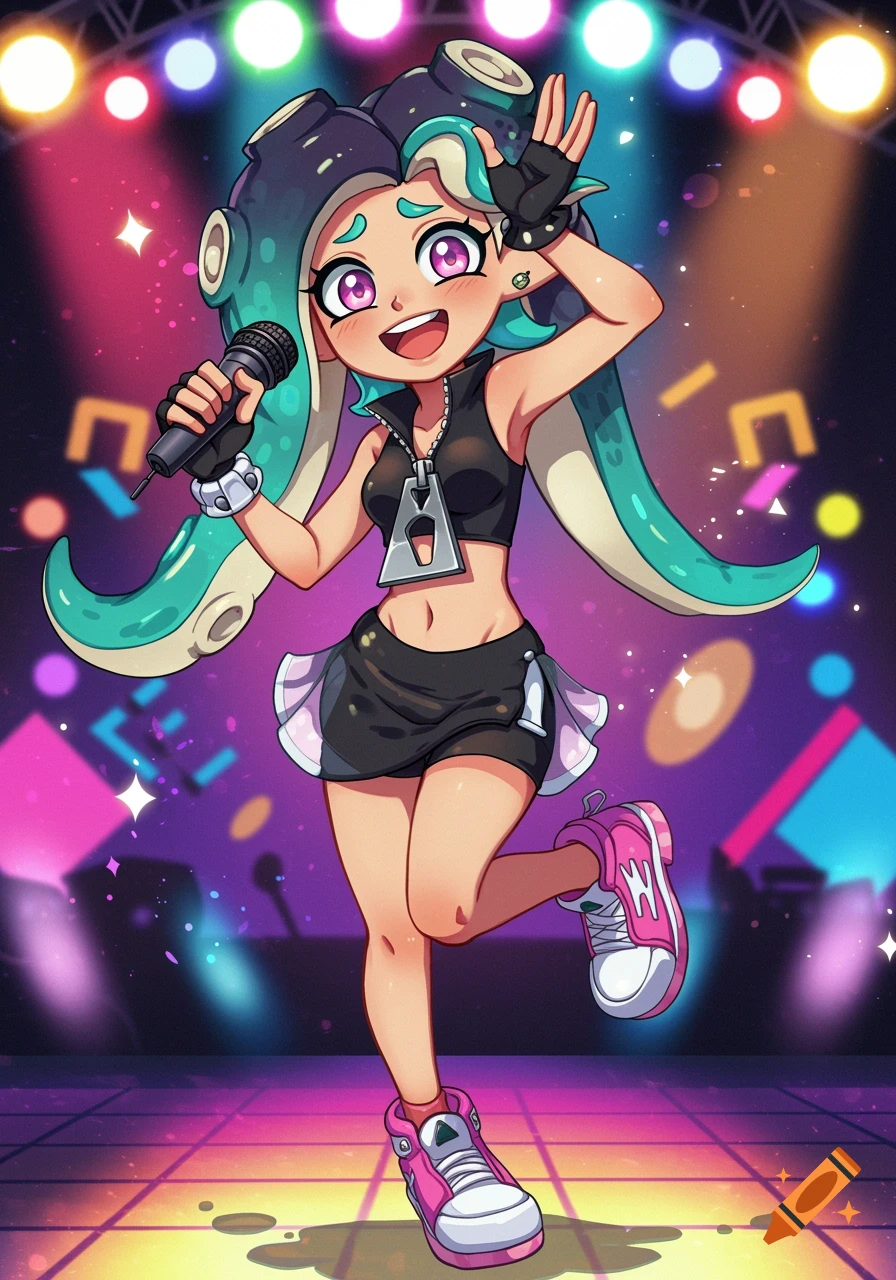 Anime style illustration of Marina from Splatoon on a stage with a microphone