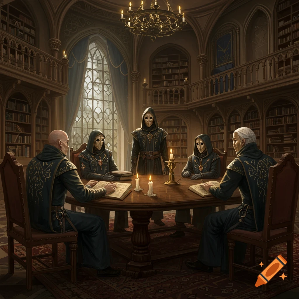 Robed figures in masks meet at a table in a grand library