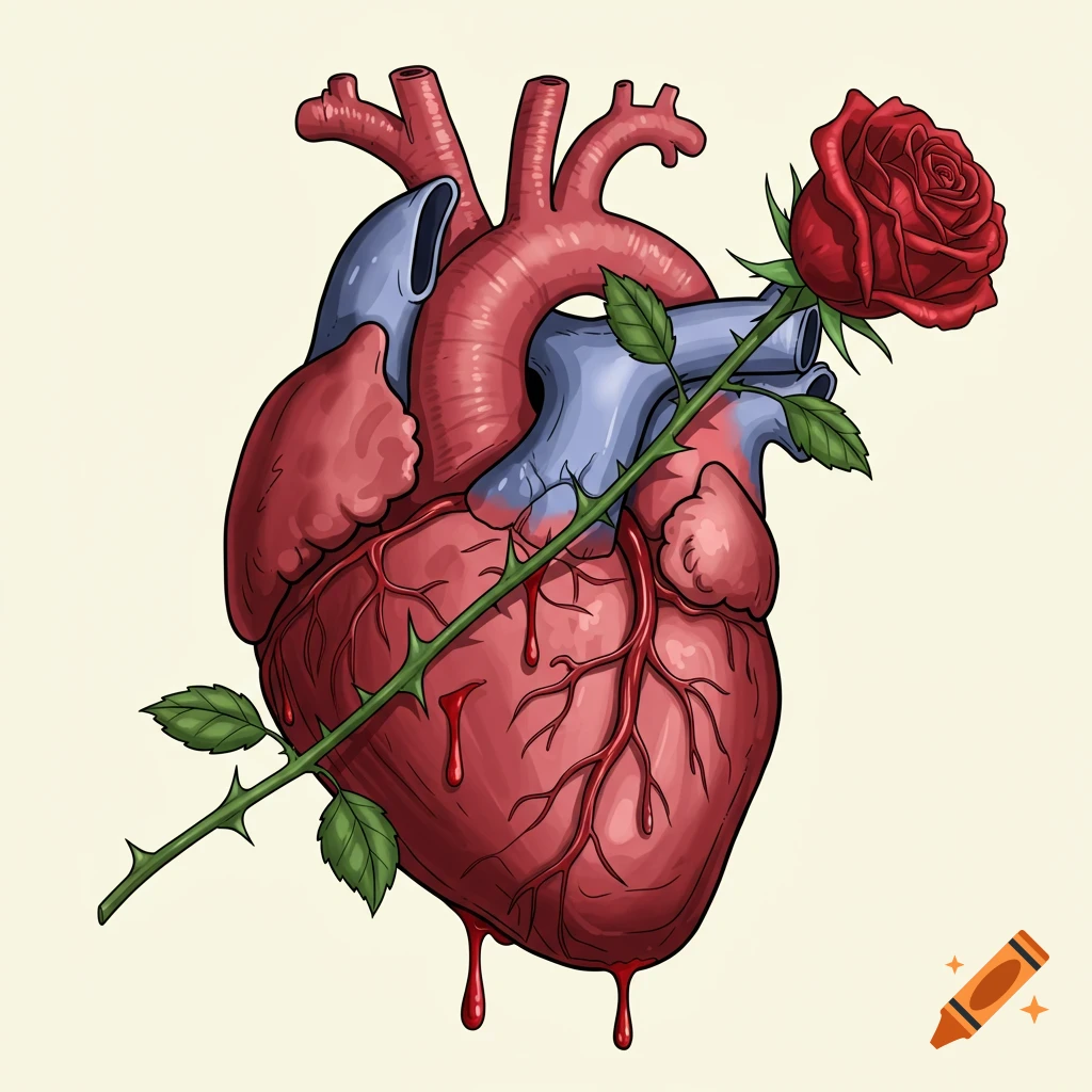 Cartoon illustration of a human heart pierced by a thorny rose stem, with blood dripping.