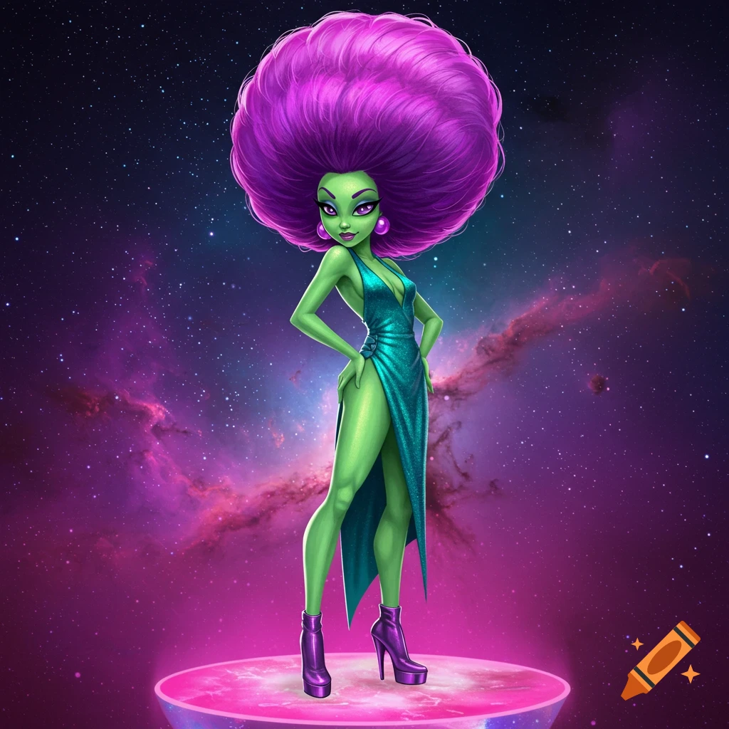 A sassy green alien woman with a large purple afro, wearing a sparkly dress and heels, standing in space.