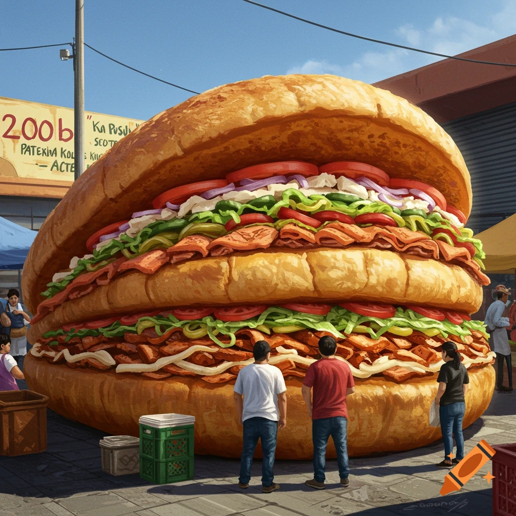 Giant torta sandwich sits on a street, viewed by people.