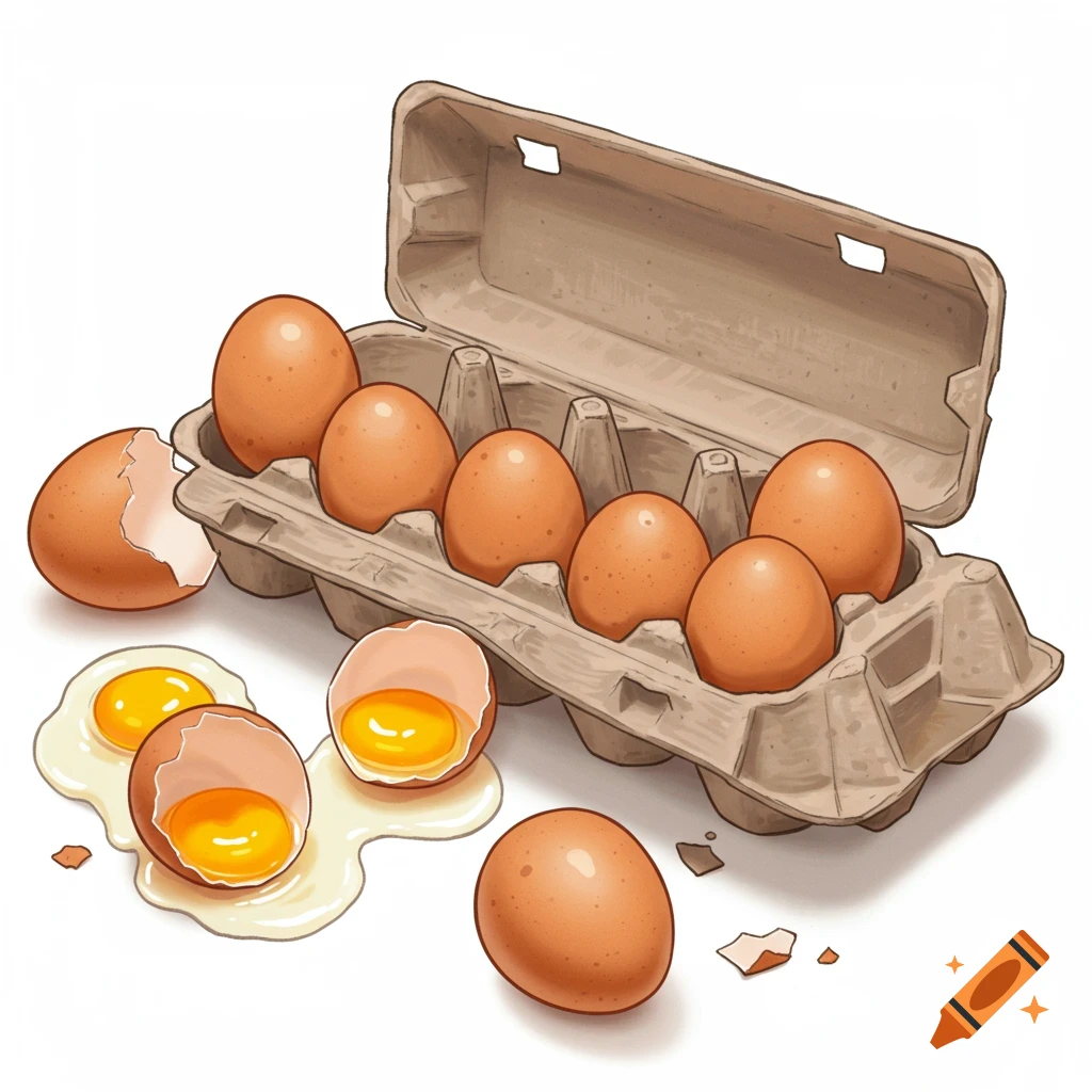Illustration of brown eggs in a carton and broken on a white surface.