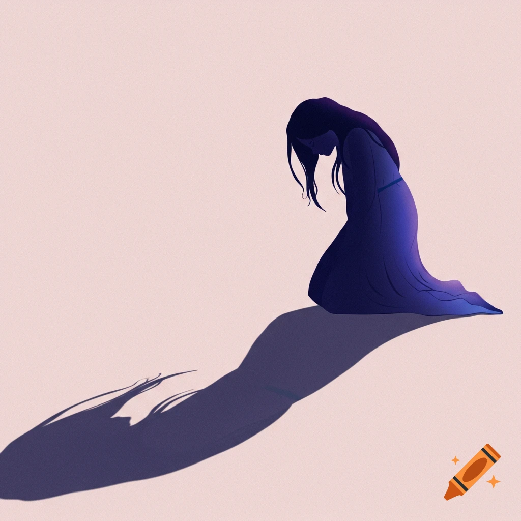 Minimalist illustration of a sad woman kneeling, head down, casting a long shadow.