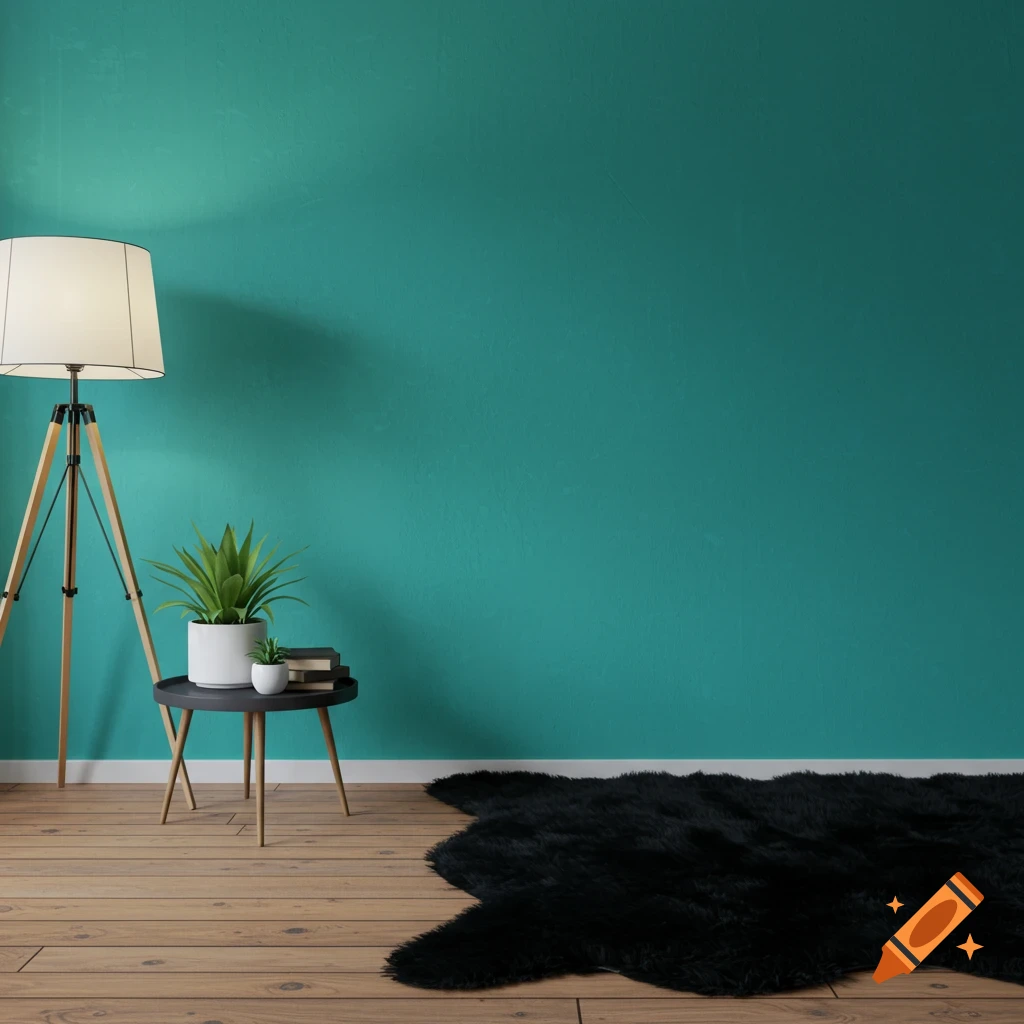 A room with teal walls, a floor lamp, a small side table with plants and books, and a black furry rug on a wooden floor.