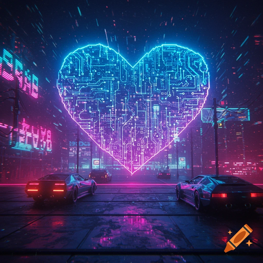 A synthwave/cyberpunk cityscape at night with a large glowing circuit board heart and futuristic cars on the street.