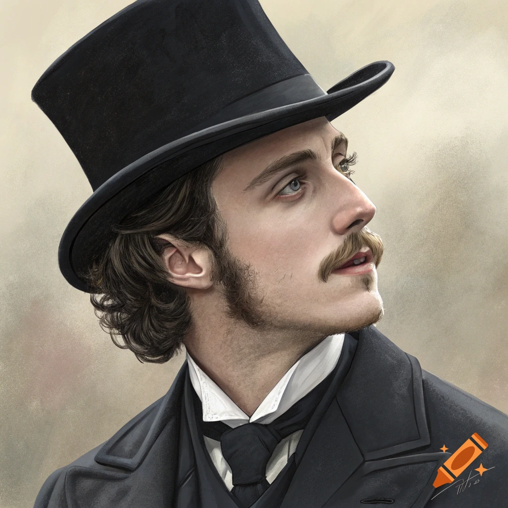 Realistic painting of a man in a top hat and suit looking up