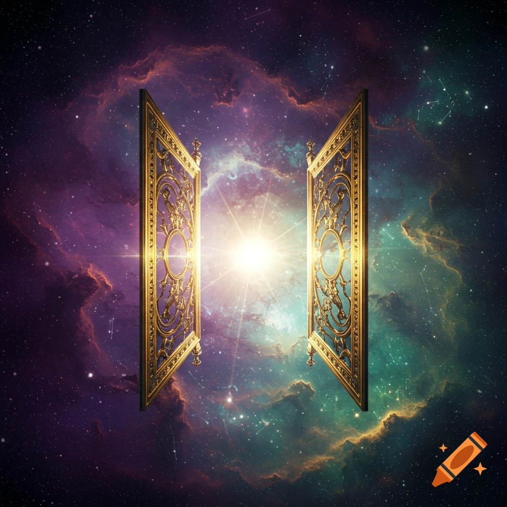 Ornate gates opening into a starry nebula