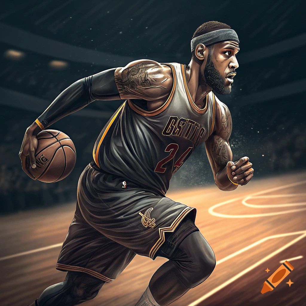 Digital art of a basketball player running and dribbling on a court.