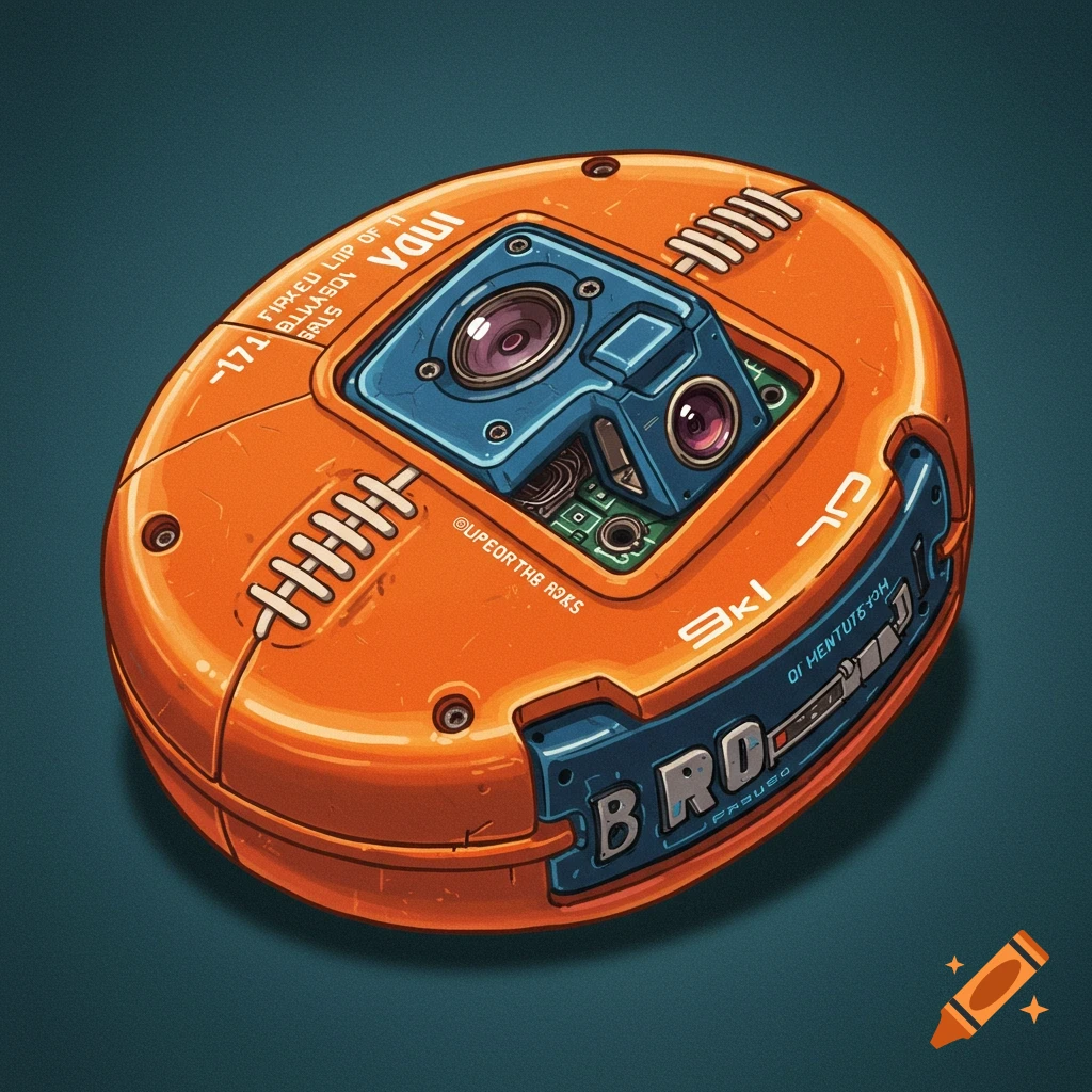 Stylized illustration of an orange and blue futuristic object with cameras, buttons, and circuit board elements.