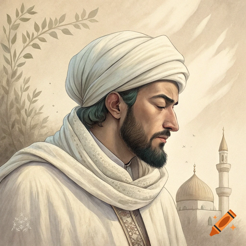 Portrait of a man in a white turban looking down, with leaves and mosque architecture in the background, in a painterly style.