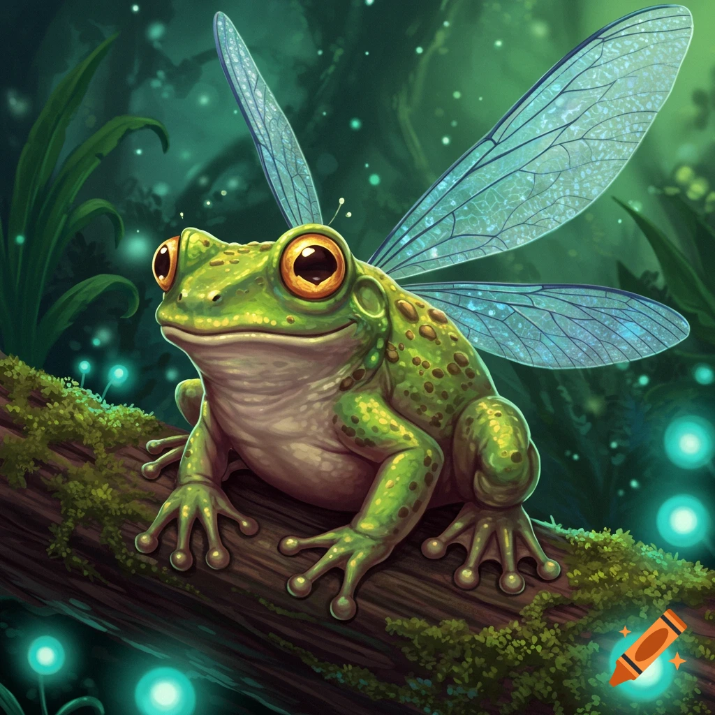 A fantasy illustration of a green frog with insect wings sitting on a mossy log in a magical forest with glowing lights.