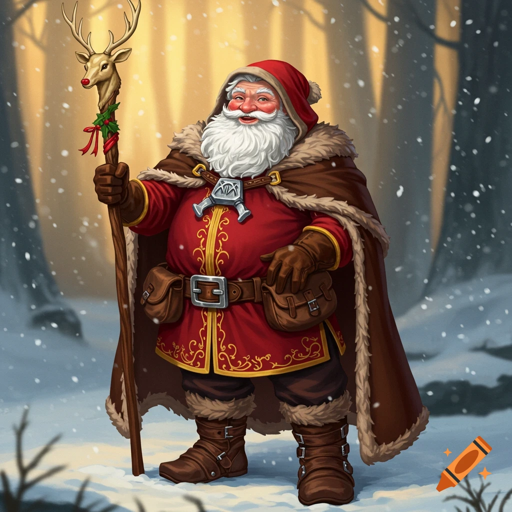 A medieval Santa-like character holding a staff topped with a reindeer head stands in a snowy forest.
