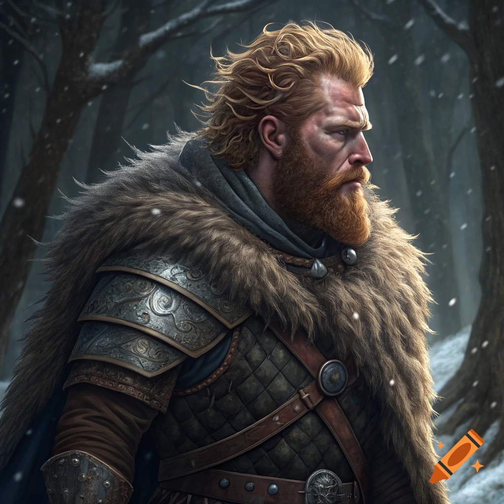 Portrait of a man with red hair and beard wearing fur and armor in a snowy forest.