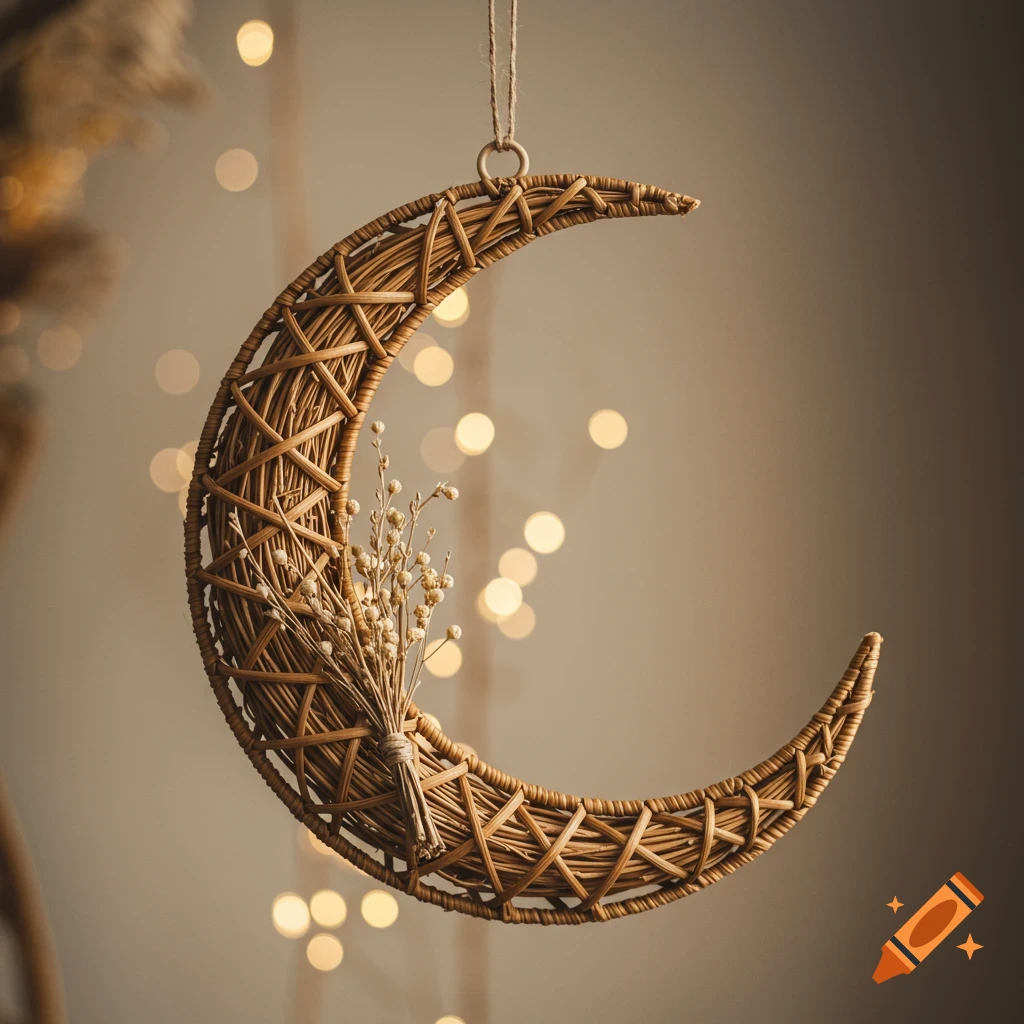A rattan crescent moon wreath with dried flowers, hanging against bokeh lights.