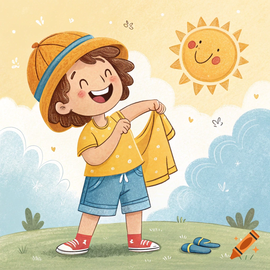 Illustration of a smiling child wearing summer clothes and a hat on a sunny day.
