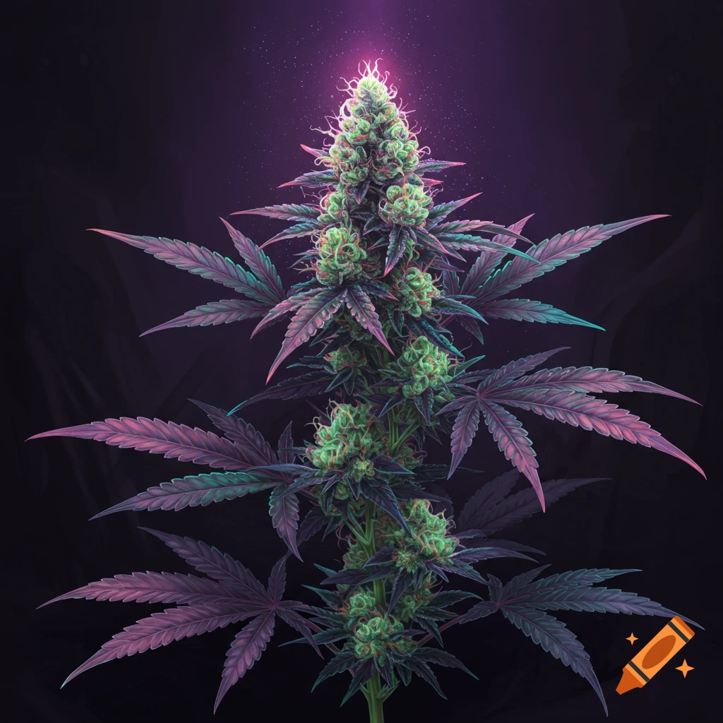 A vibrant cannabis plant with purple leaves and green buds glowing at the top on a dark background.