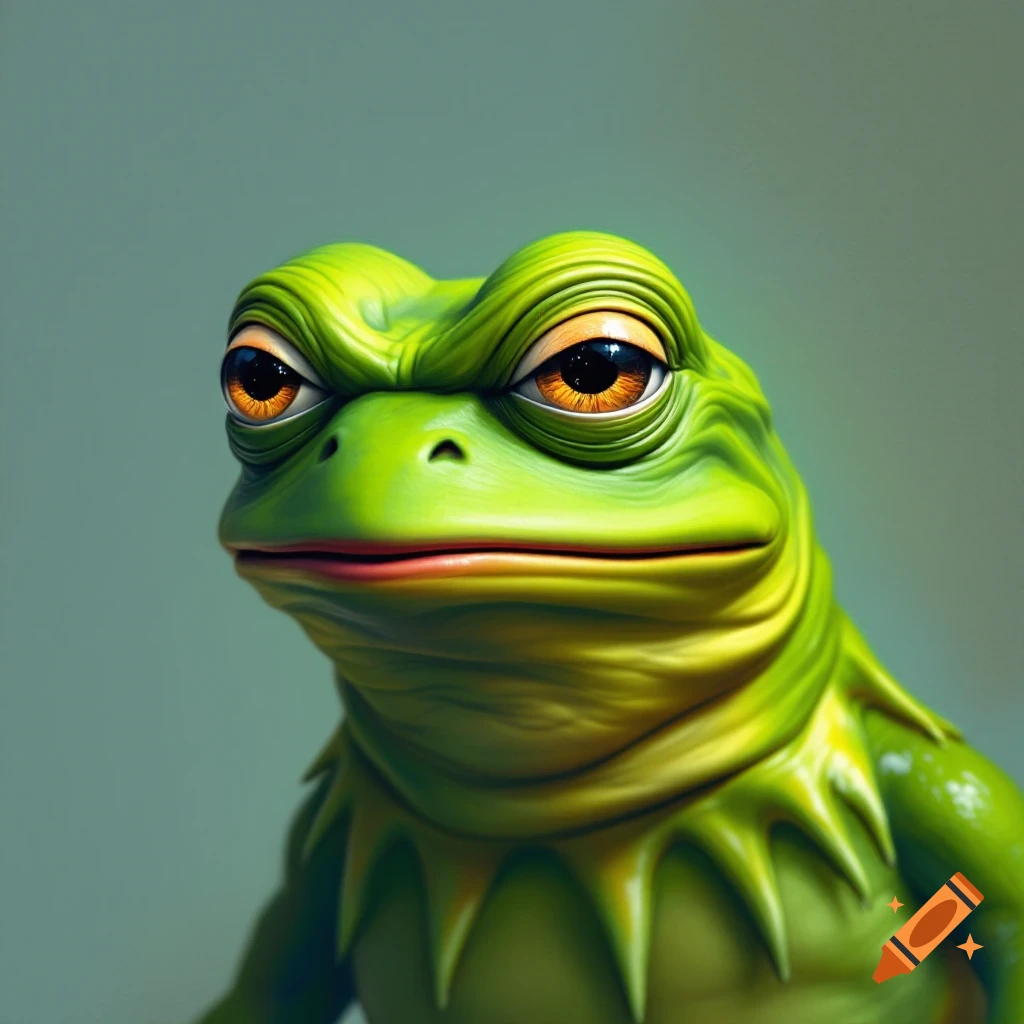 Close-up of a stylized green frog face with large orange eyes.