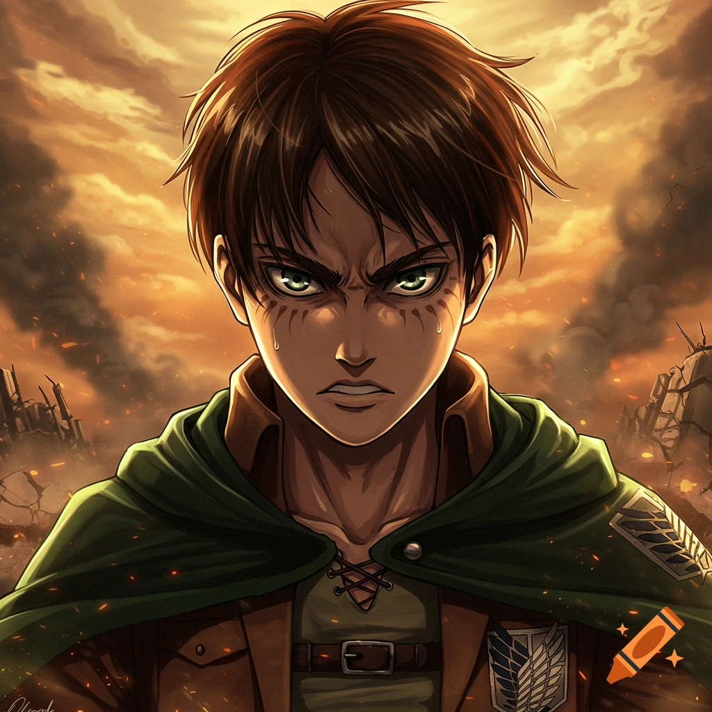 Anime character with green eyes and face markings in a green cape against a destroyed city backdrop