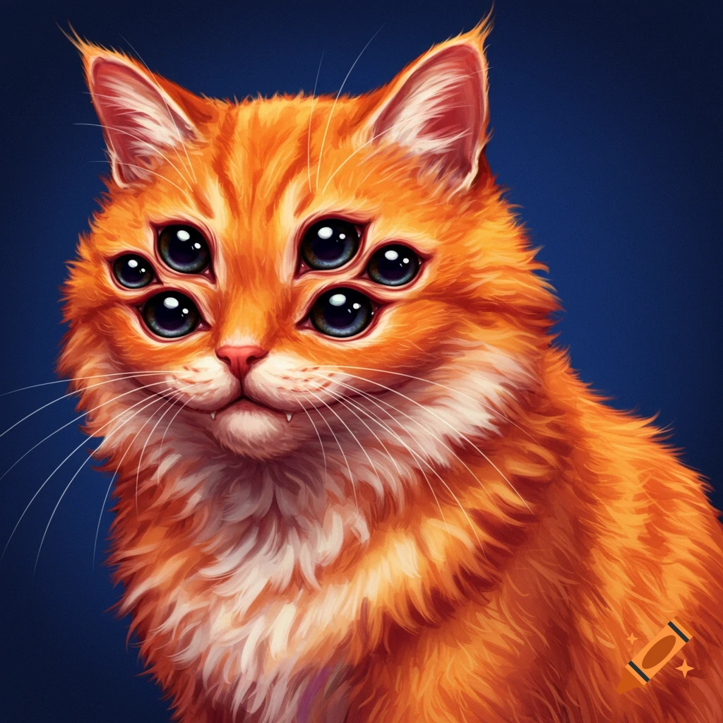 An orange cat with six large eyes stares forward.