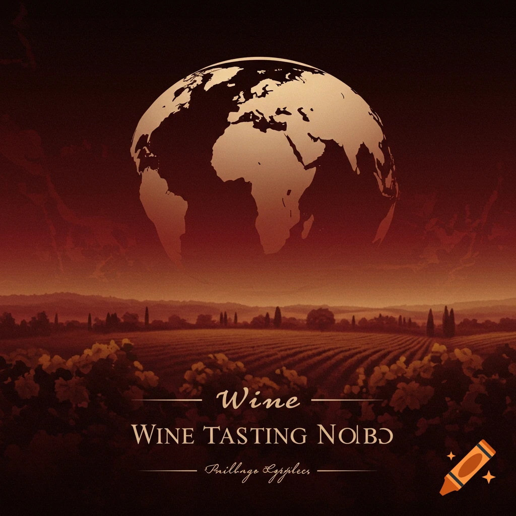 Stylized globe over a vineyard landscape with text about wine tasting in a limited color palette.