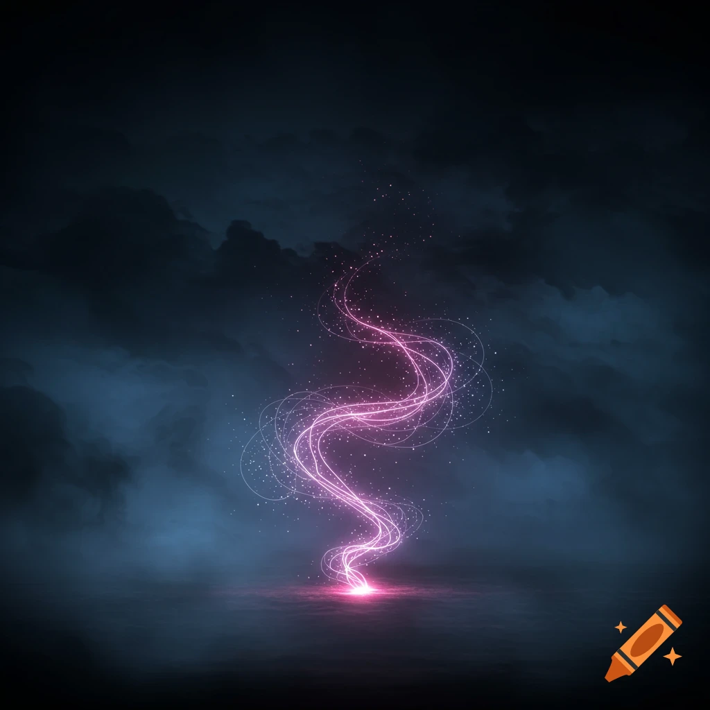 A glowing pink swirling light trail with particles against a dark, smoky background.