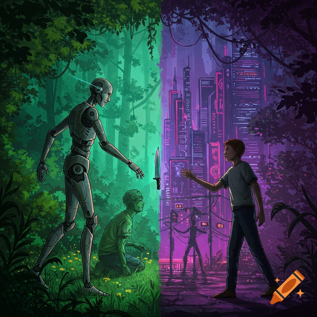 Illustration of a robot in a forest and a human in a futuristic city reaching for a knife