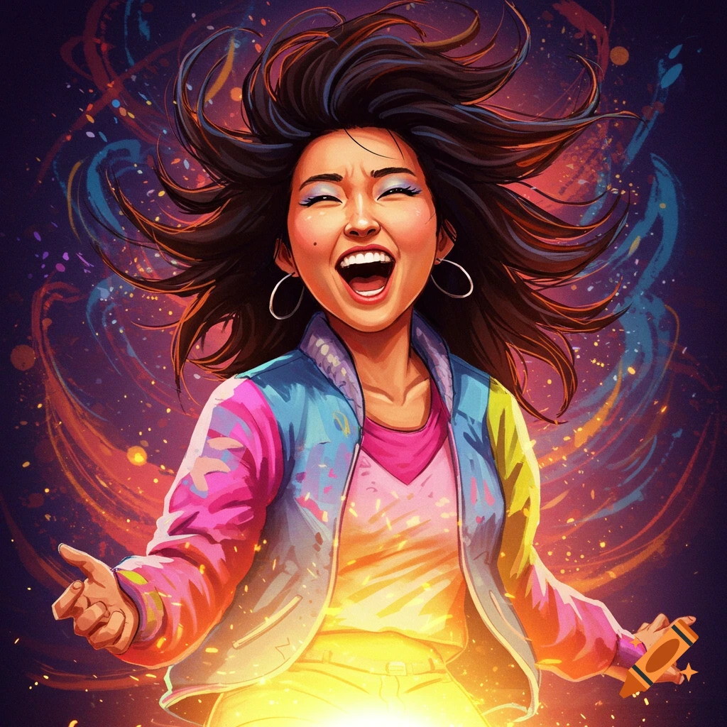 Vibrant illustration of a woman with energetic hair singing against a colorful background.