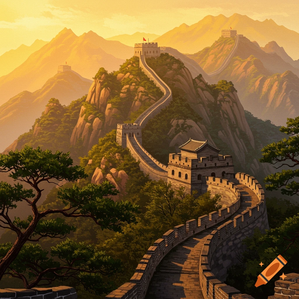 The Great Wall of China winding through mountains and trees at sunset.
