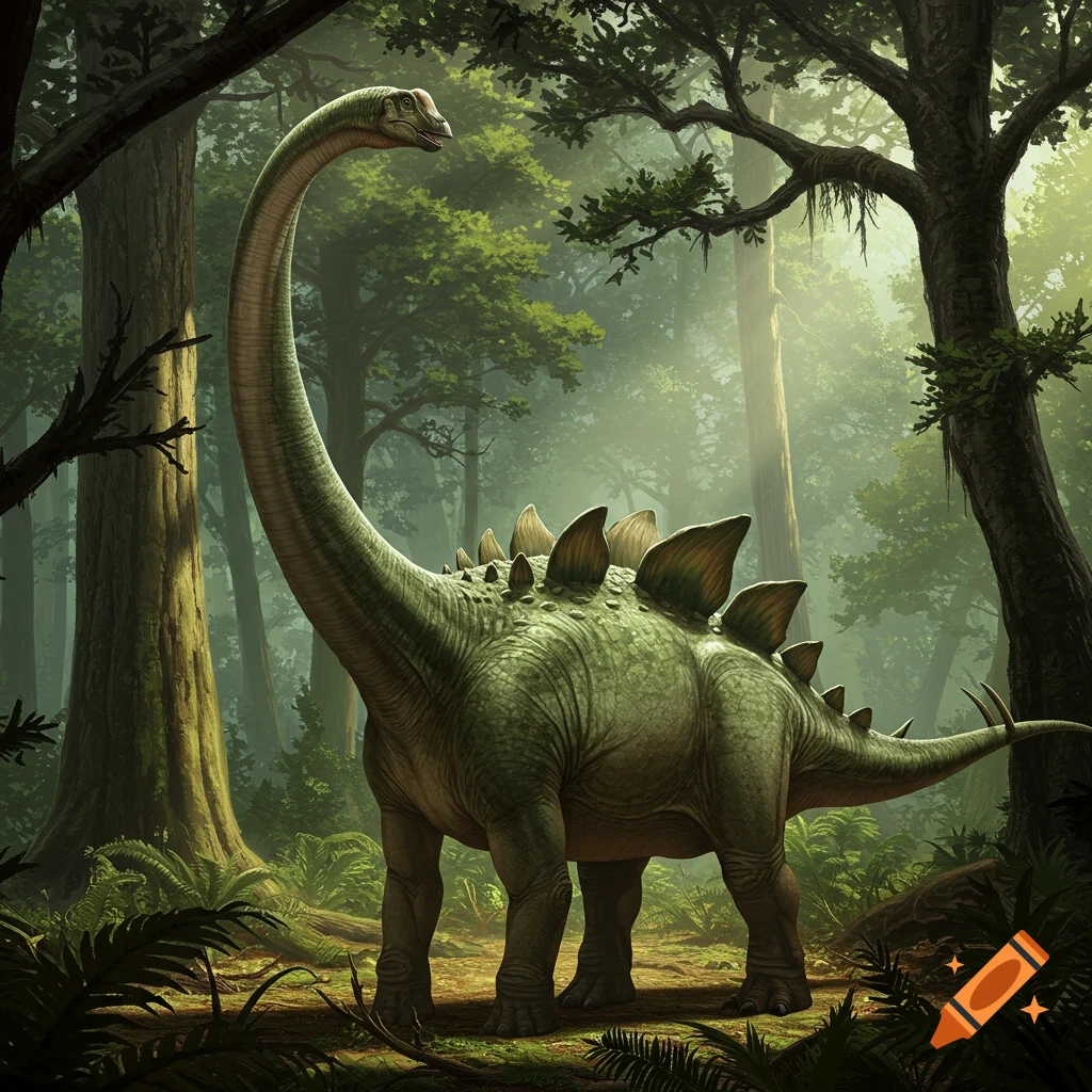 A long-necked dinosaur hybrid with plates and spikes stands in a lush, sunlit forest, realistic.