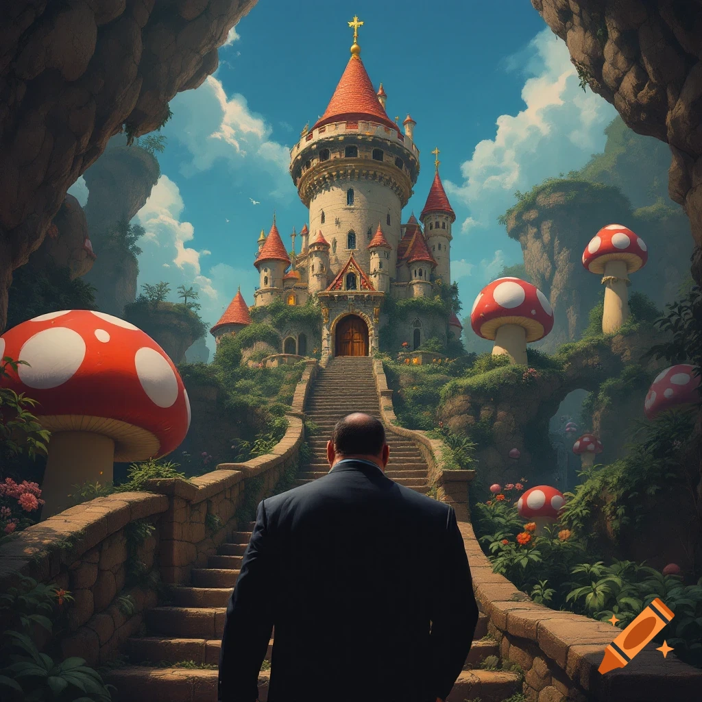 Man in suit walks towards a large fantasy castle surrounded by giant mushrooms in a lush landscape.