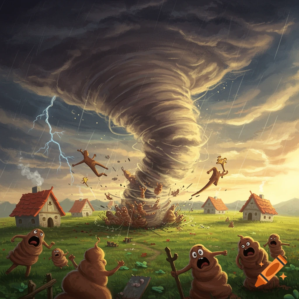 Cartoon illustration of a tornado hitting a village populated by panic-stricken, brown, blob-like figures.