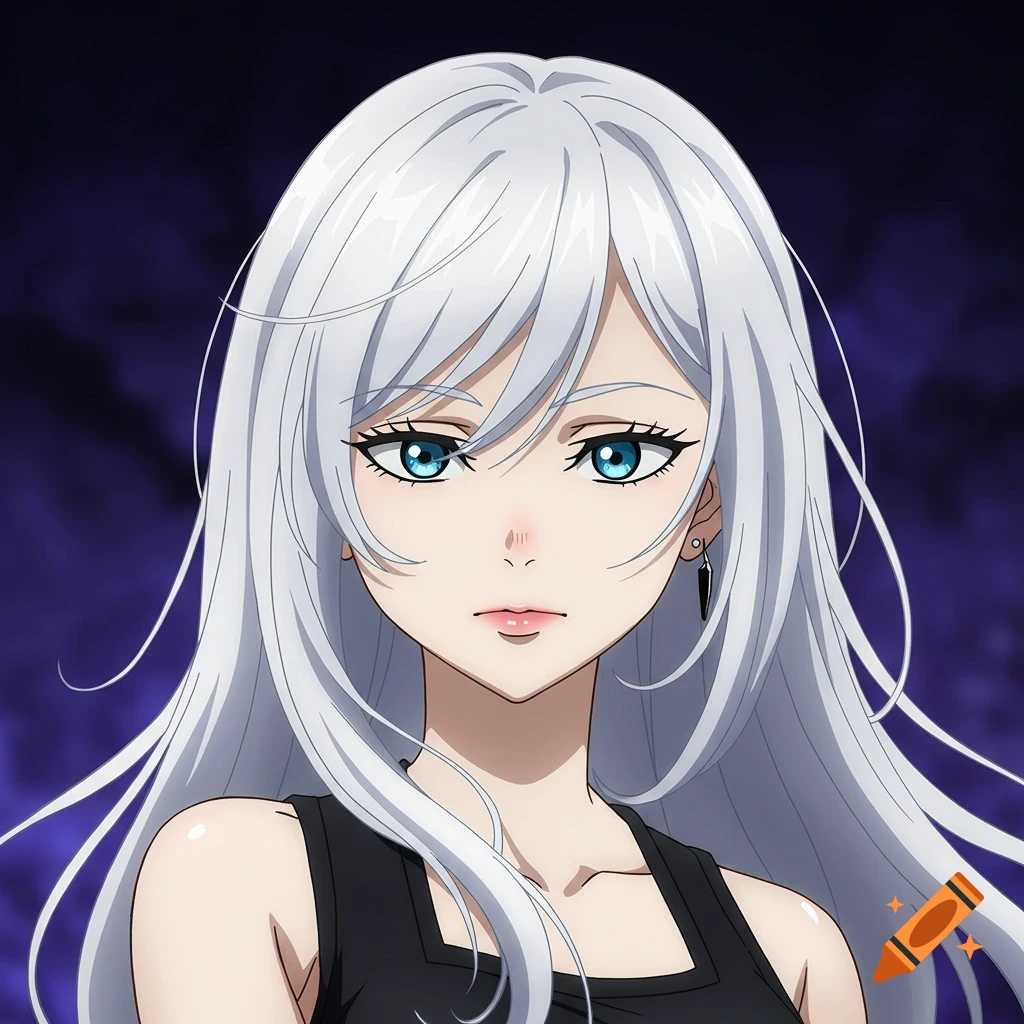 Anime portrait of a girl with long white hair and blue eyes.