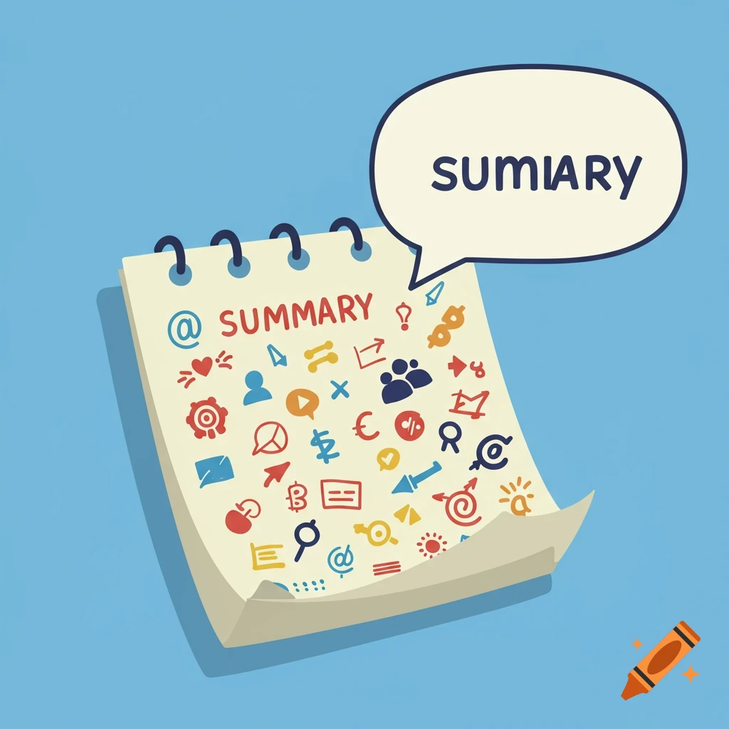 Clipart illustration of a notepad with symbols and the word SUMMARY, and a speech bubble with misspelled text.