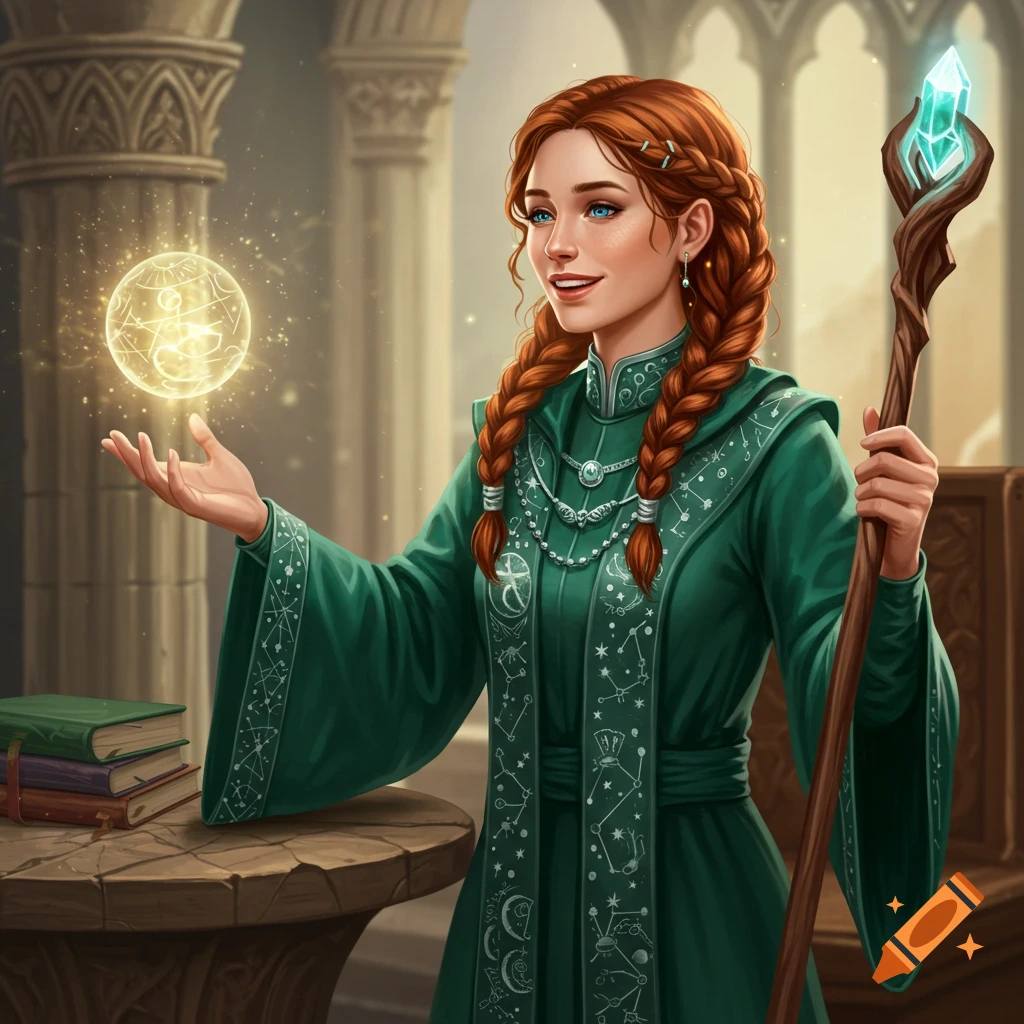 A woman with red braided hair in a green robe holds a glowing orb and staff in a fantasy setting.