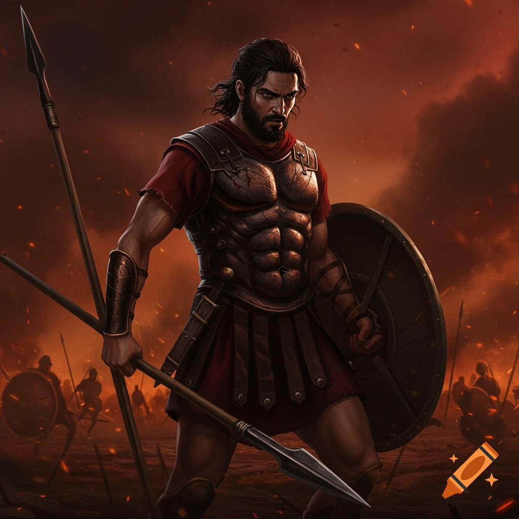 Epic digital art of a powerful ancient warrior in armor with a shield and spear, standing amidst a battle scene under a red sky.