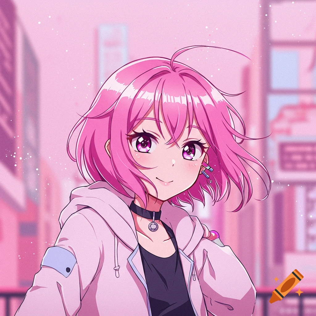 Anime portrait of a pink-haired girl in a pink hoodie against a pink cityscape.