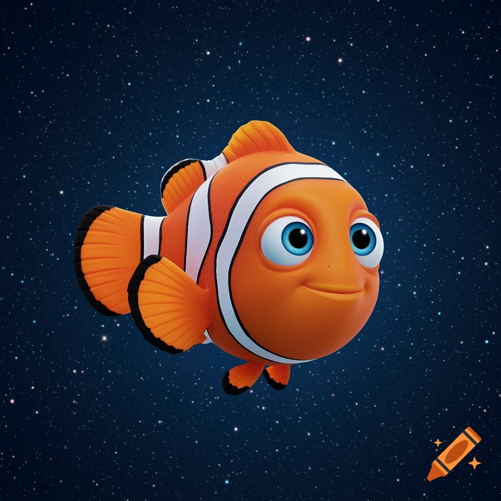 A cute Pixar-style cartoon clownfish with big blue eyes floats in a starry night sky.