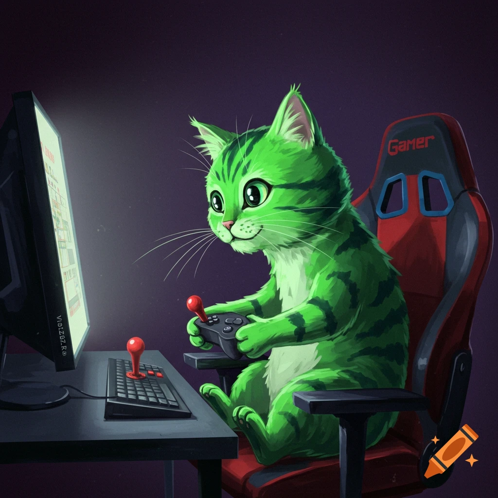 A green striped cat sits in a gaming chair, holding a controller and looking at a computer screen, in an illustration style.