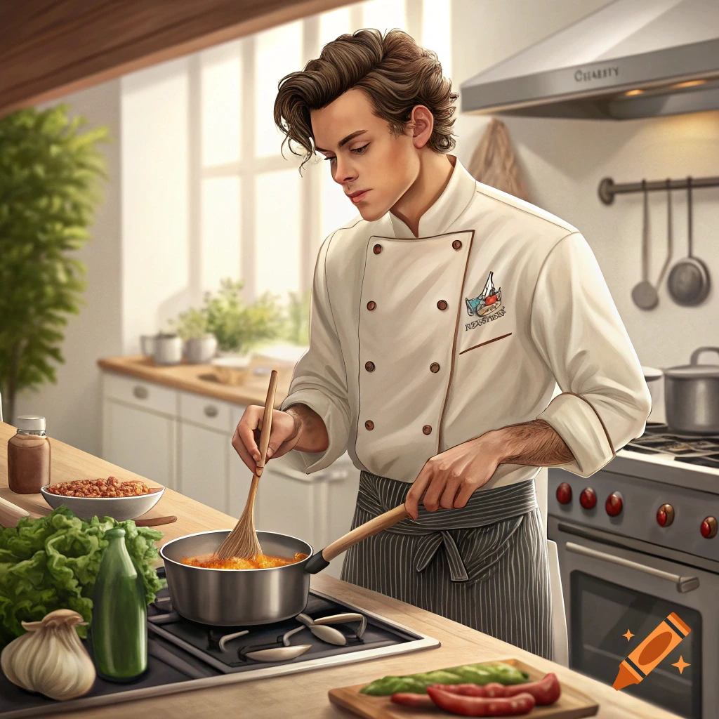 Man resembling Harry Styles cooking in a kitchen