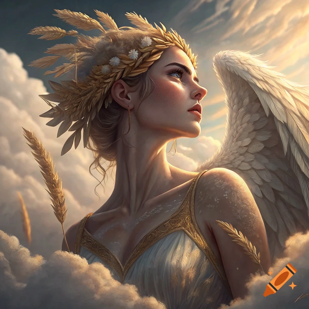 A fantasy portrait of an angelic woman with large wings and a wheat crown among clouds.